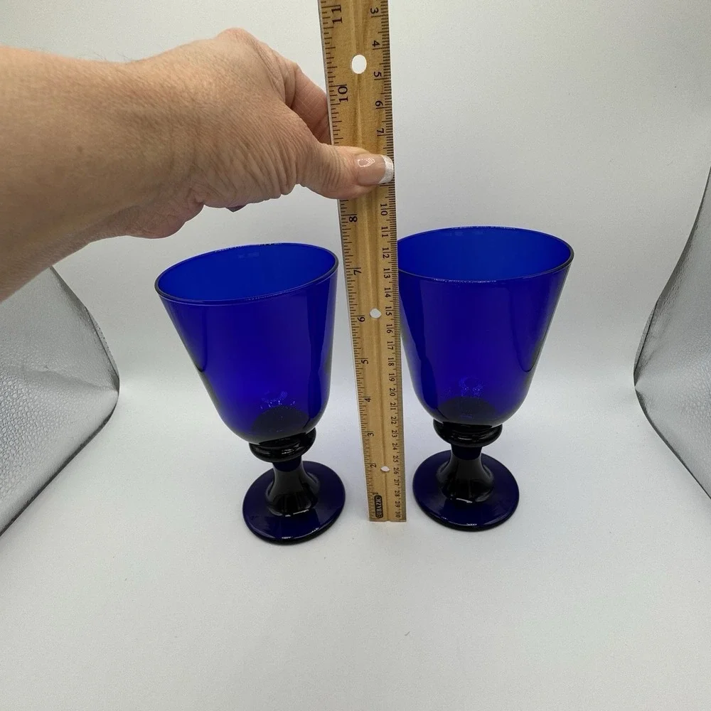 Set of 2 Cobalt Blue Stemmed Goblets‎ Wine Water Glasses 8